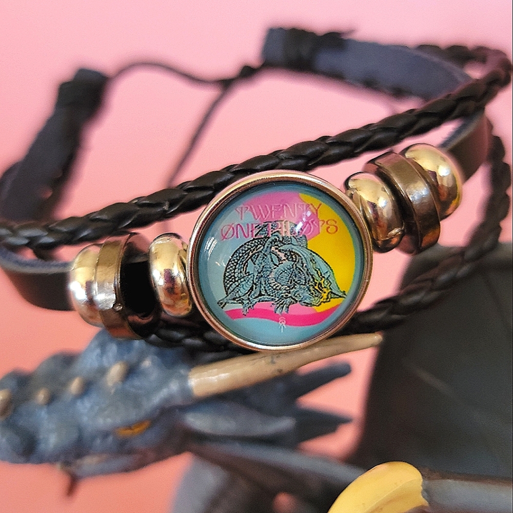 Handmade Twenty One Pilots Scaled Icy Trash Snap Charm Vegan Leather Bracelet